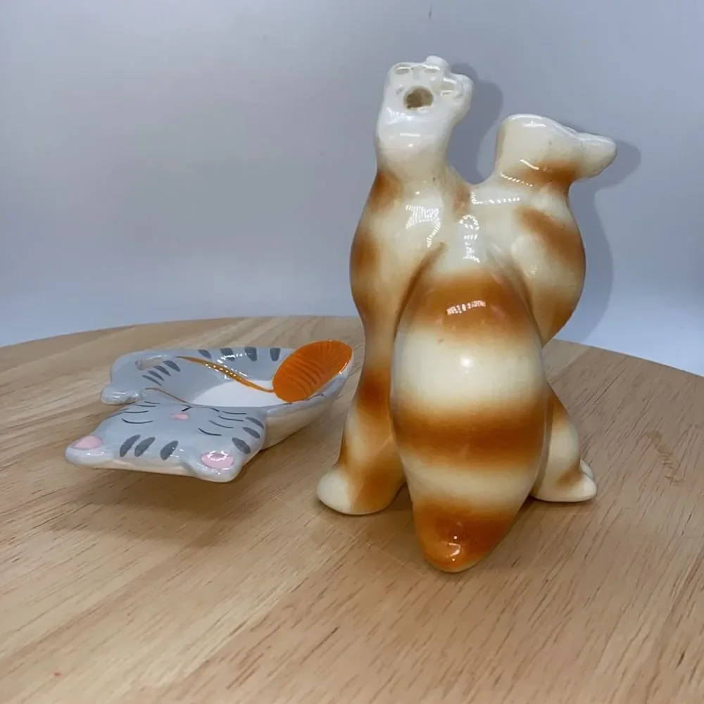Lot of 2 Whimsical Ceramic Kitties 1 Tumbling Figurine and 1 Trinket Dish